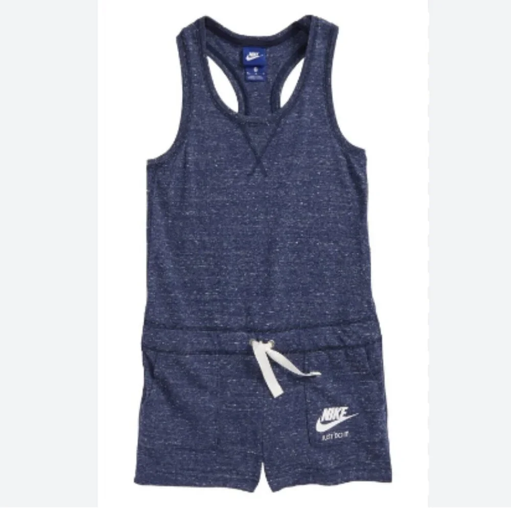 NIKE Girls Sportswear Gym Vintage Romper Blue Heathered Stretch Lounge Logo L